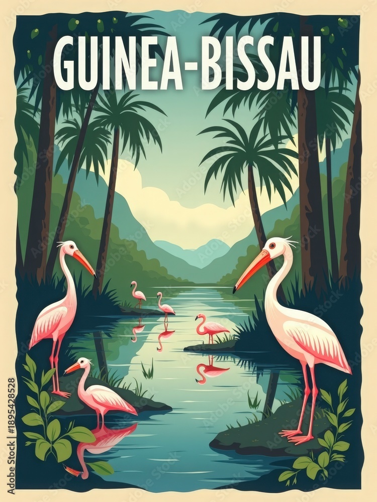 A river in Guinea-Bissau surrounded by green trees and mountains. Various birds, including pink flamingos, are seen near the water.