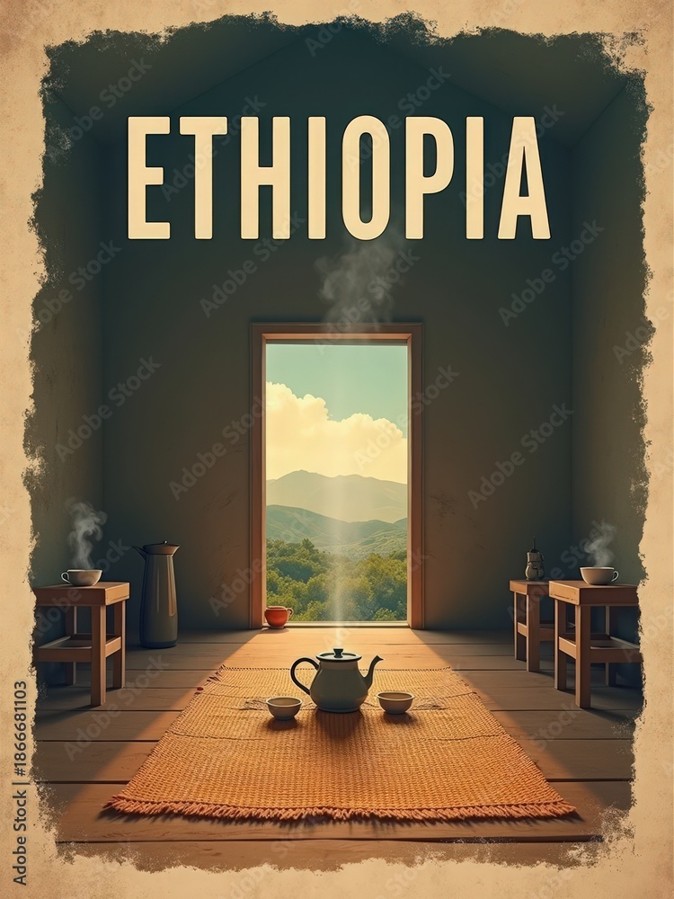 A room in Ethiopia shows a view of mountains through an open door. Inside, a kettle and cups are arranged on a mat, creating a space for tea. Tables are set around the room for sharing.