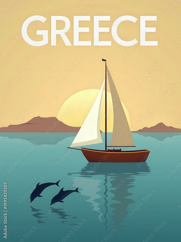 A sailboat moves gently across the water. Dolphins swim near the boat as the sun sets in the background. The setting shows mountains and a warm sky in Greece.
