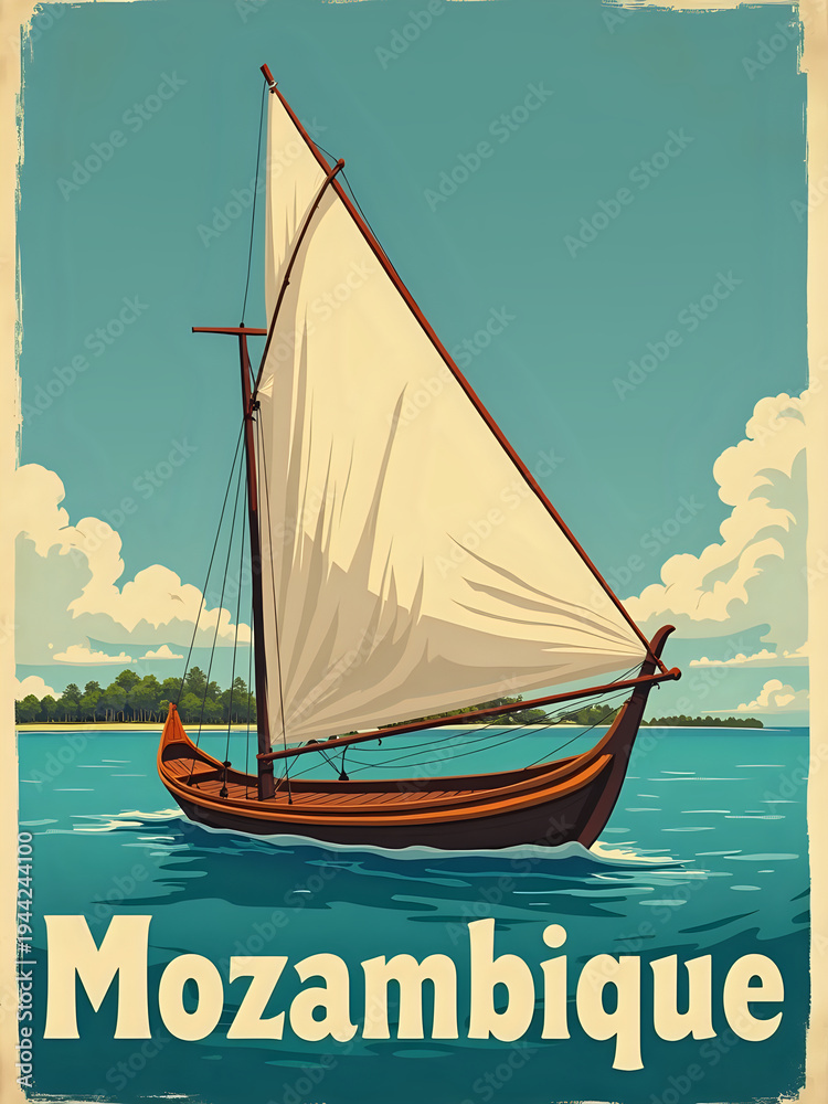 A sailing boat moves on calm water in Mozambique. The boat has a large sail and wooden structure. In the background, there is a green island under blue sky with clouds.