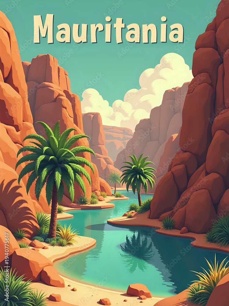 A scene depicts a river flowing through rocky canyons. Tall palm trees grow near the water. The sky shows soft clouds and bright sunlight. This landscape captures the essence of Mauritanias nature.
