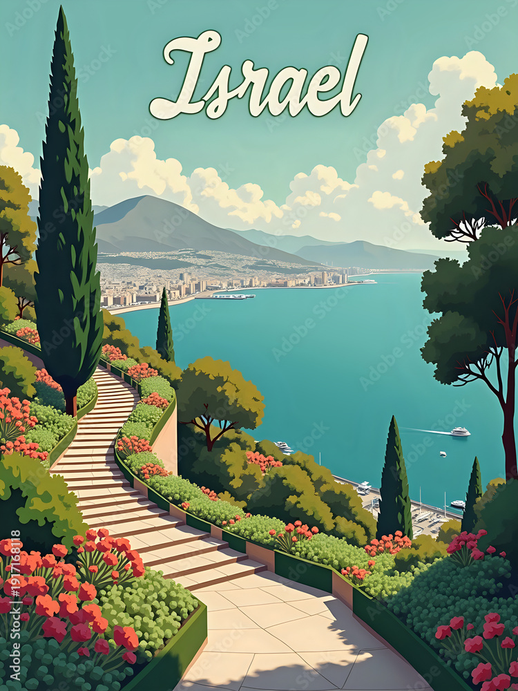 A scenic pathway winds through gardens filled with flowers. The view shows a coastal city by the water with mountains in the distance. The sky has clouds above the ocean.