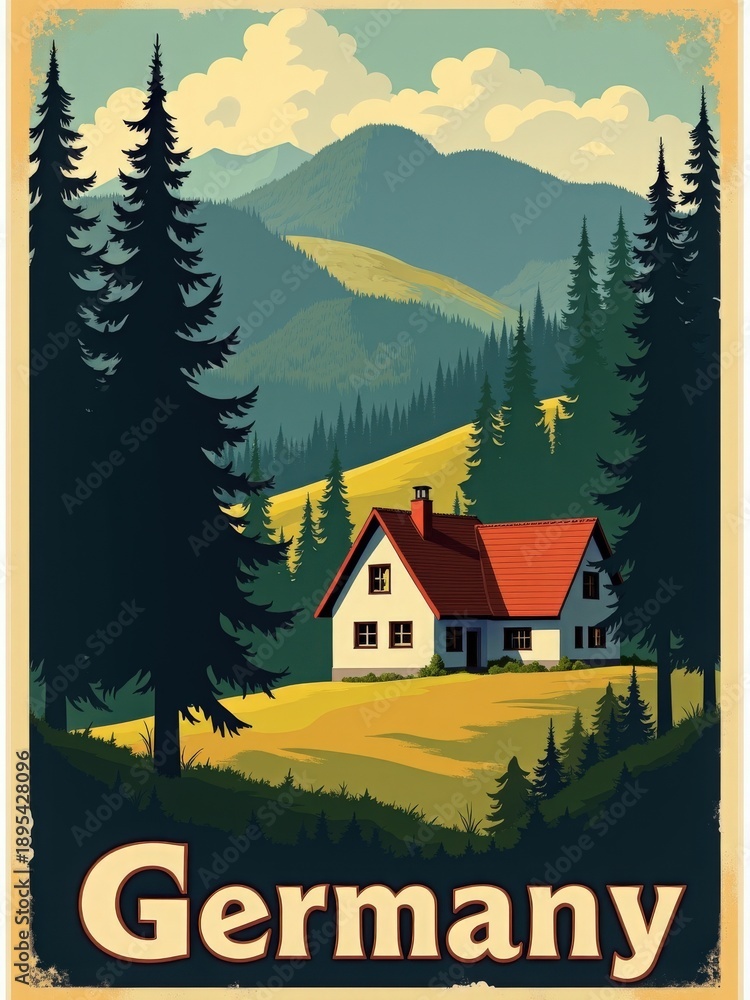 A small house sits in a green landscape with tall trees and mountains in the background. The scene shows nature with clear skies during daylight hours, capturing a rural setting in Germany.