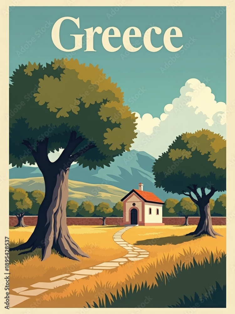 A small house stands near a winding pathway in Greece. Trees provide shade as mountains rise in the background. The scene captures a clear sky with fluffy clouds during daytime.