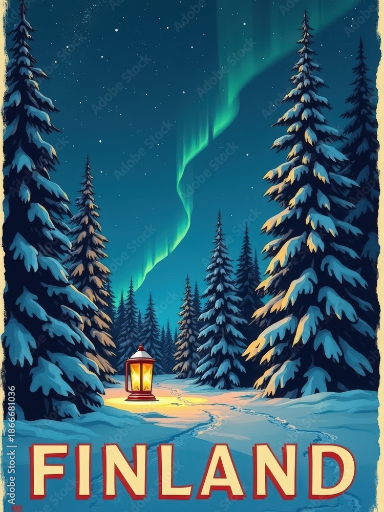 A snowy forest in Finland has tall trees with snow-covered branches. A warm lantern lights a path through the snow. The northern lights fill the sky with green colors. This scene shows winter beauty.