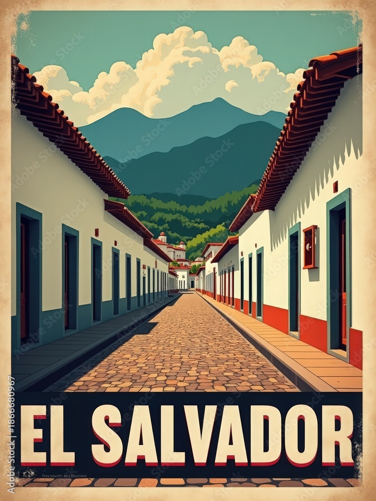 A street in El Salvador shows rows of white buildings with red accents. The sun shines on cobblestones. Green mountains rise in the background under a clear blue sky.