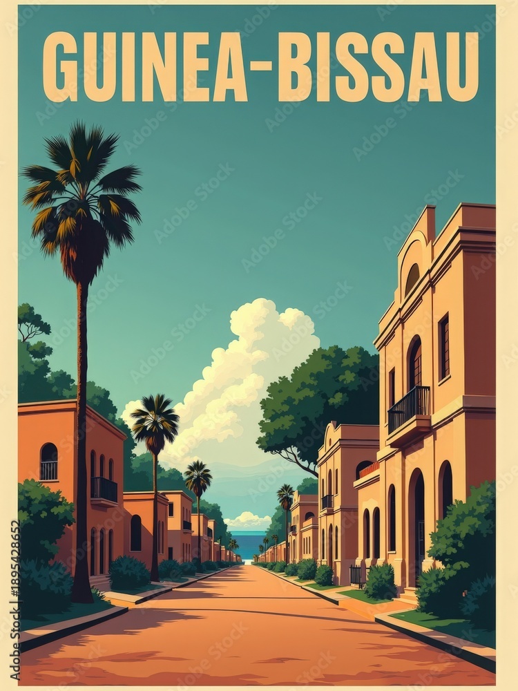 A street in Guinea-Bissau shows buildings with a mix of architecture. Palm trees line the road, and the sky has clouds above. The ocean is visible in the distance.