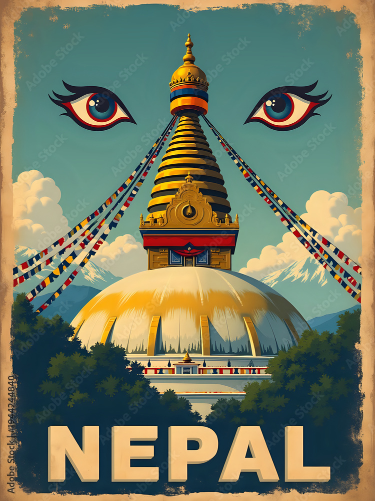 A stupa stands tall in Nepal, featuring large eyes that gaze forward. Colorful prayer flags flutter in the wind. Snow-capped mountains are in the background with a blue sky above.