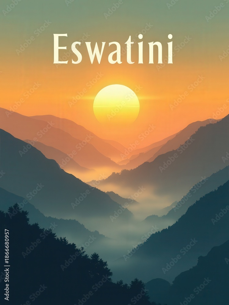 A sunset occurs over the mountains in Eswatini. The suns rays shine through the clouds, casting shadows across the hills. Silhouettes of trees surround the valley below.