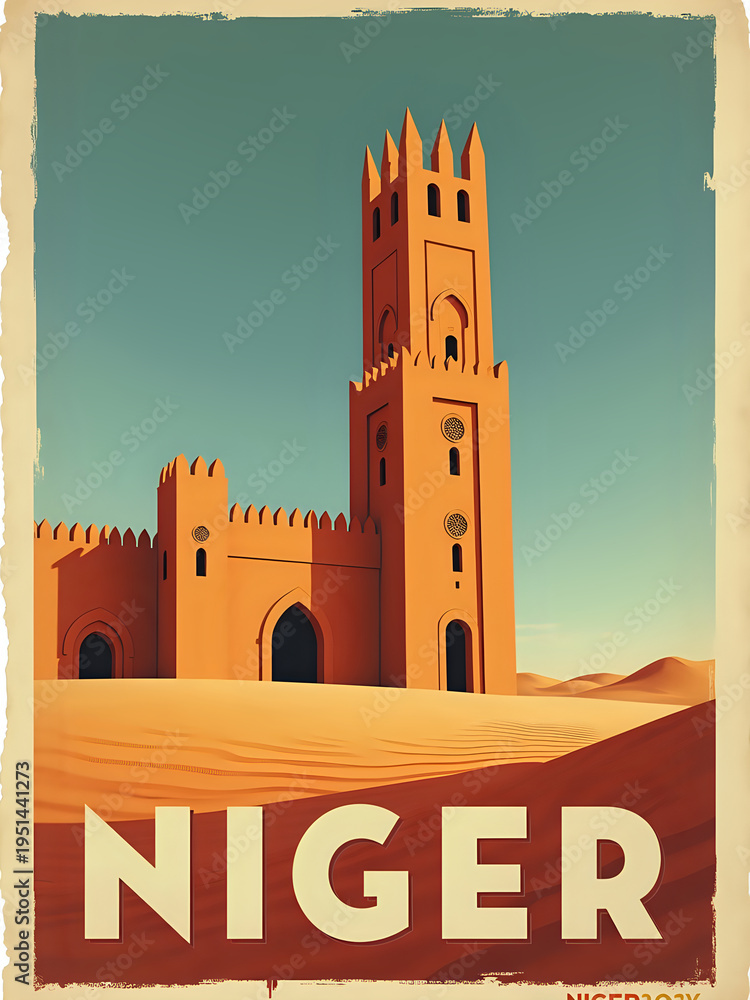 A tall building stands alone in the desert sands of Niger. The structure has a distinct shape with a tower and decorative details. The sun shines down on the scene. There are no people present.