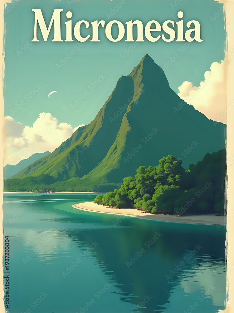 A tall mountain next to a calm body of water. Green trees surround the shoreline. The sky has some clouds and a small airplane can be seen. It is a sunny day.