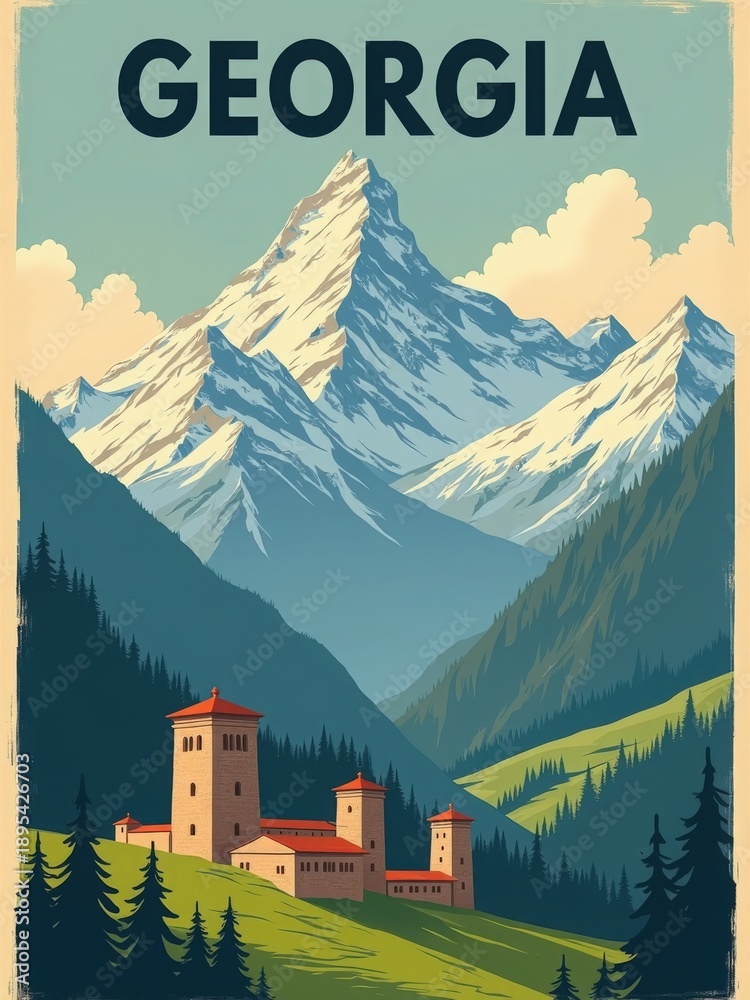 A tall mountain rises in the background, covered with snow. In the foreground, a castle stands on green hills. Forests surround the scene with clear skies. This is a view of Georgia.