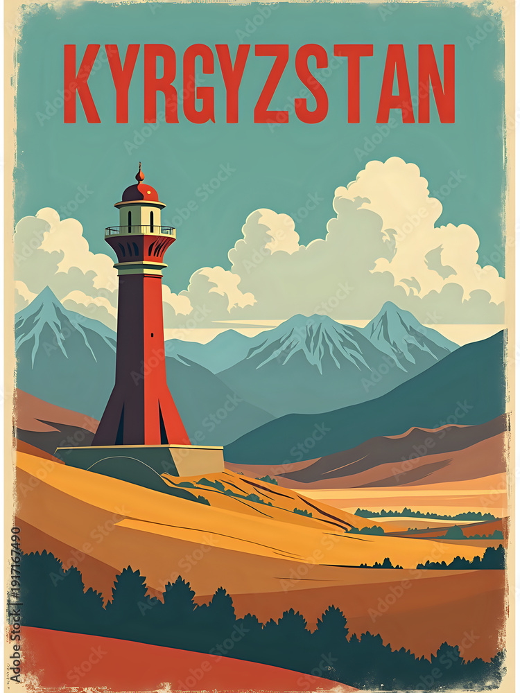 A tall red tower stands in a valley surrounded by mountains. The landscape features rolling hills and bright clouds. This scene represents the natural beauty of Kyrgyzstan.