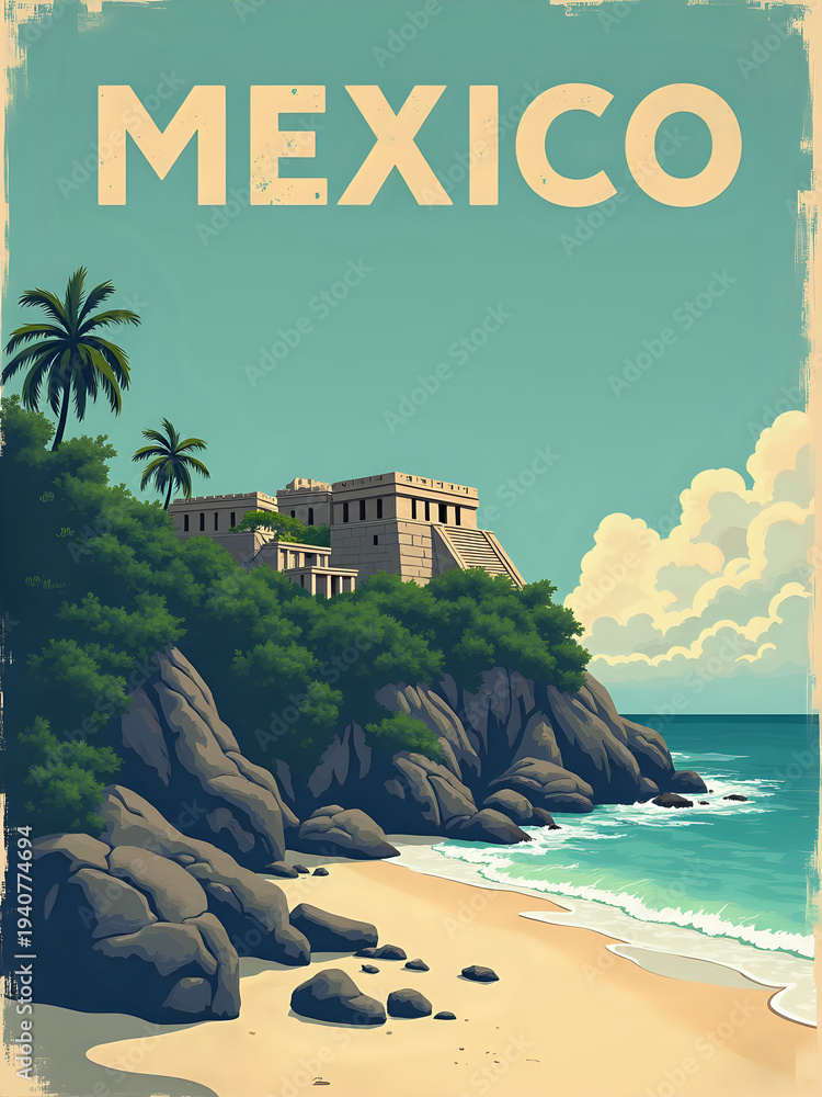 A tall structure sits on a rocky area next to the ocean in Mexico. Palm trees surround the site. Waves crash on the sand under a clear sky with clouds above.