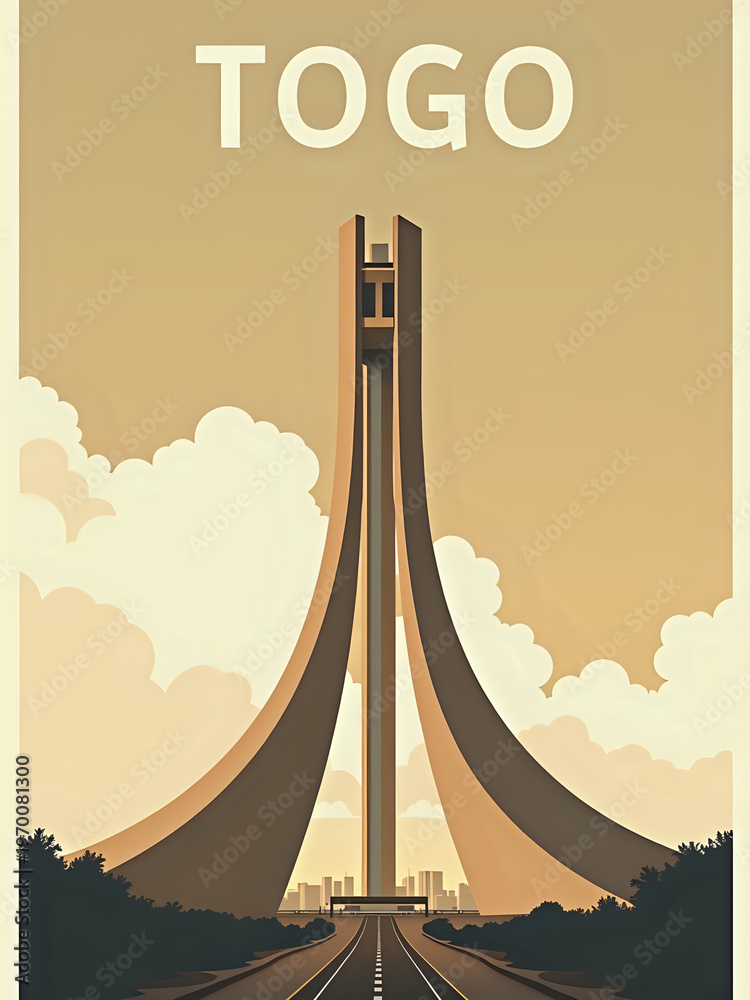 A tall structure stands in the foreground with a wide road leading to it. The sky shows clouds and a sunset glow. This monument symbolizes Togos history and culture.