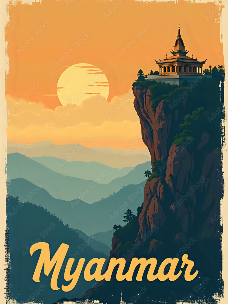 A temple sits on a cliff with mountains in the background. The sun sets, casting warm colors across the sky. This scene shows the natural beauty of Myanmar during twilight.