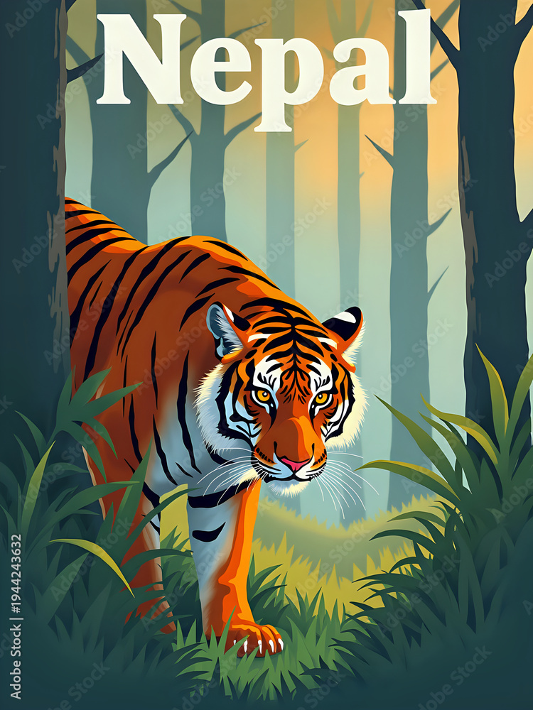 A tiger is walking through a forest in Nepal. The image shows tall trees and bushes around the tiger. The sun is rising, creating a warm glow in the background.