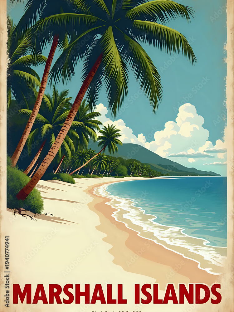 A tropical beach scene in the Marshall Islands shows tall palm trees on the sand. The water is clear and blue. Green hills are in the background under a bright sky with clouds.