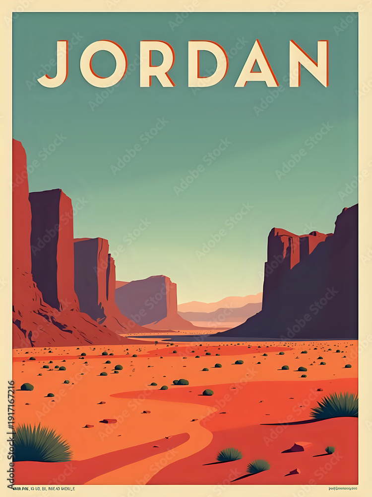 A vast desert in Jordan with large rock formations. The sun shines brightly above, casting shadows. A winding path leads through the terrain, indicating exploration.