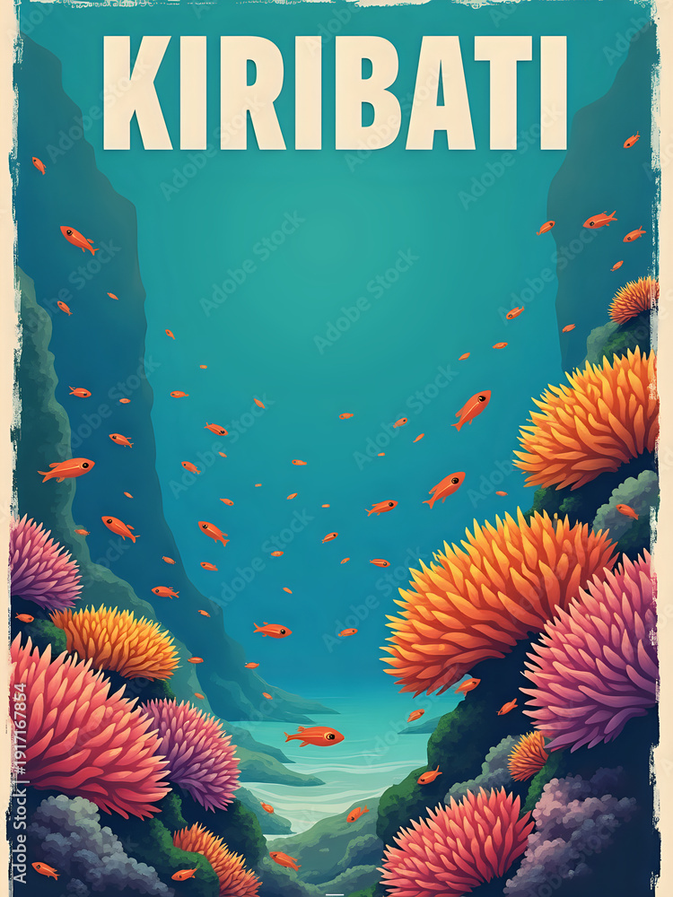 A vibrant underwater landscape in Kiribati. Corals of various colors fill the view while small fish swim among them. Bright sunlight shines through clear blue water.