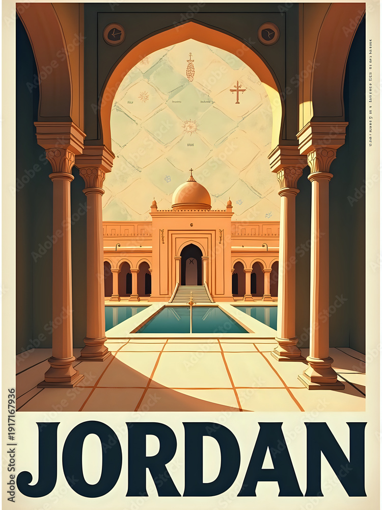 A view of a grand building with arches and a dome. A pool is in front, with clear blue water reflecting the structure. The scene shows a sunny day at a historical site in Jordan.