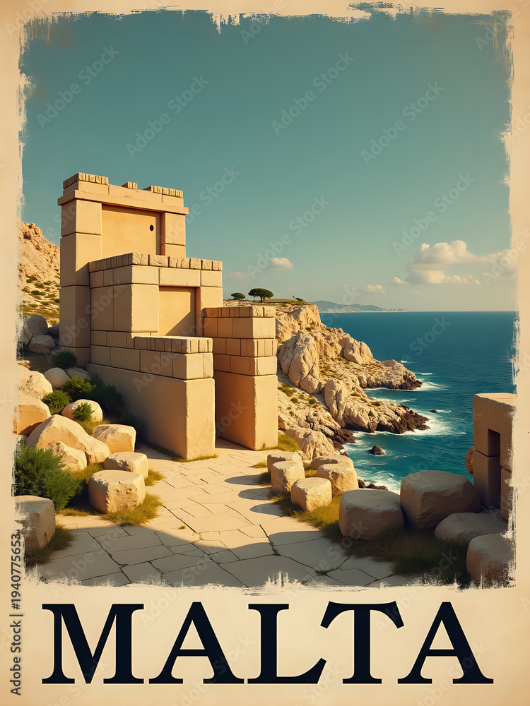 A view of old stone structures on a rocky coast in Malta. The sea is visible in the background and the sky has some clouds. The sunlight illuminates the scene.
