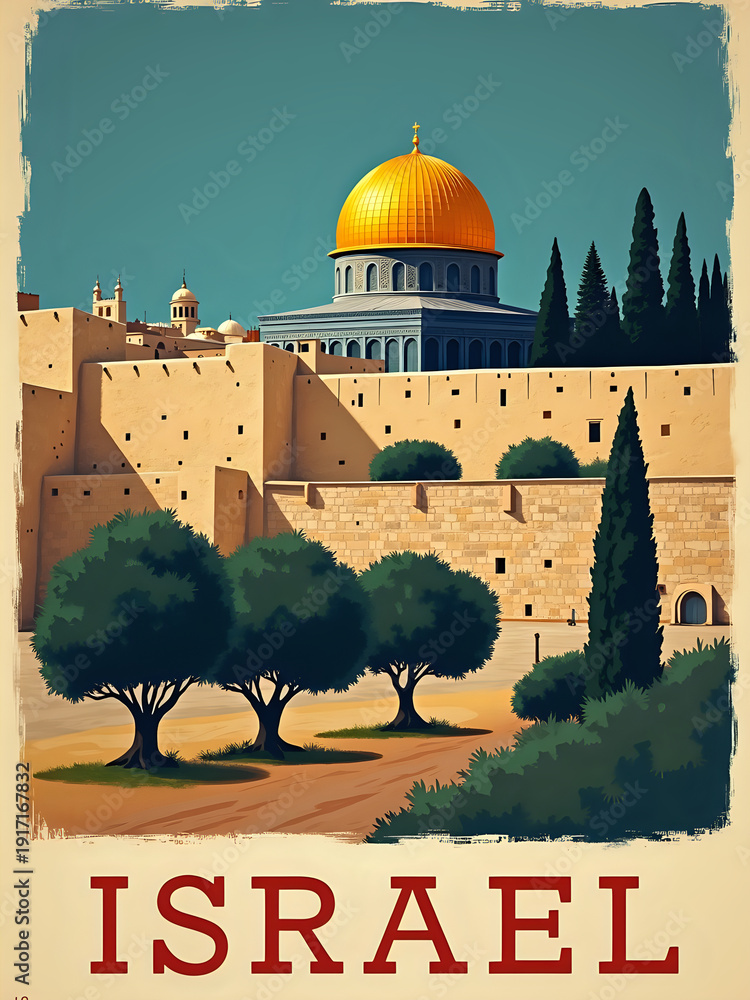 A view of the Dome of the Rock in Jerusalem. The bright golden dome stands out against the stone walls. Olive trees grow in the foreground. The sun shines on the ancient architecture.