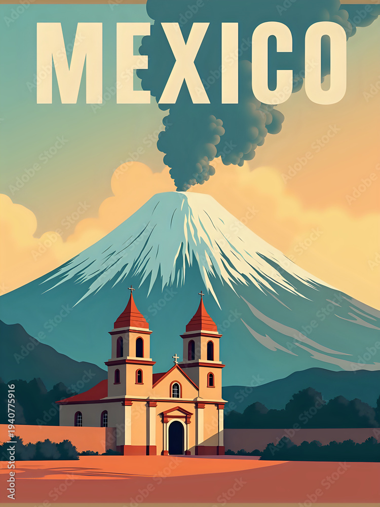 A volcano erupts in the background, sending smoke into the sky. In the foreground, a church stands with two towers. The scene captures the beauty of nature and human architecture.