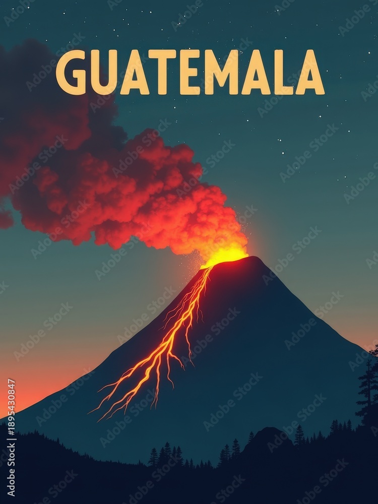 A volcano in Guatemala shows lava flowing and smoke rising into the night sky. Bright colors fill the scene as the volcano erupts. Trees and mountains form the background of this natural event.