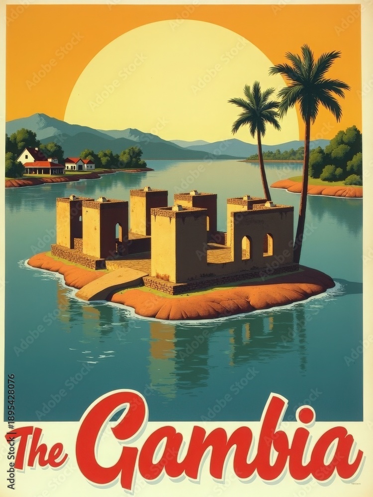 A warm sunset scene shows the ruins of a structure on an island in the river. Palm trees surround the area, and houses are visible in the background. The Gambia attracts many visitors.