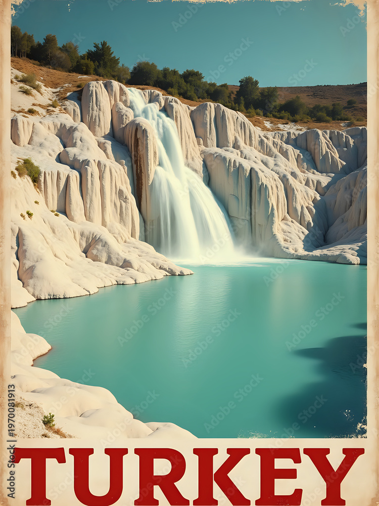 A waterfall cascades down white terraces into a clear turquoise pool. Surrounding greenery adds to the view. Visitors enjoy the natural beauty on a sunny day in Pamukkale, Turkey.