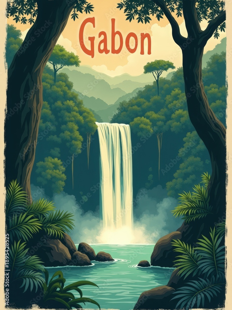 A waterfall flows down from rocks into a body of water. Lush trees and plants surround the scene. Mountains are visible in the background, and the sun shines brightly.