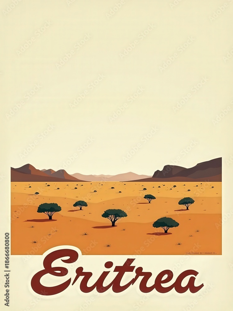 A wide desert landscape in Eritrea features scattered trees and distant mountains under a clear sky. The dry ground shows shades of orange and brown, capturing the essence of the region.