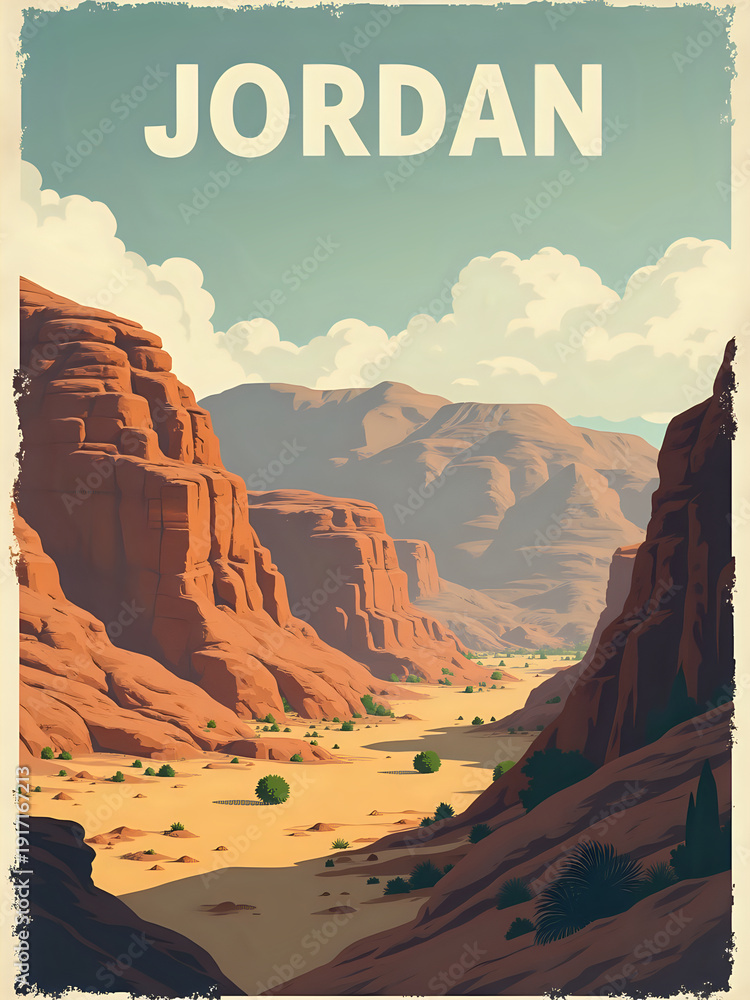 A wide desert valley in Jordan with tall, rocky mountains and soft clouds above. There are patches of green plants scattered across the dry ground.