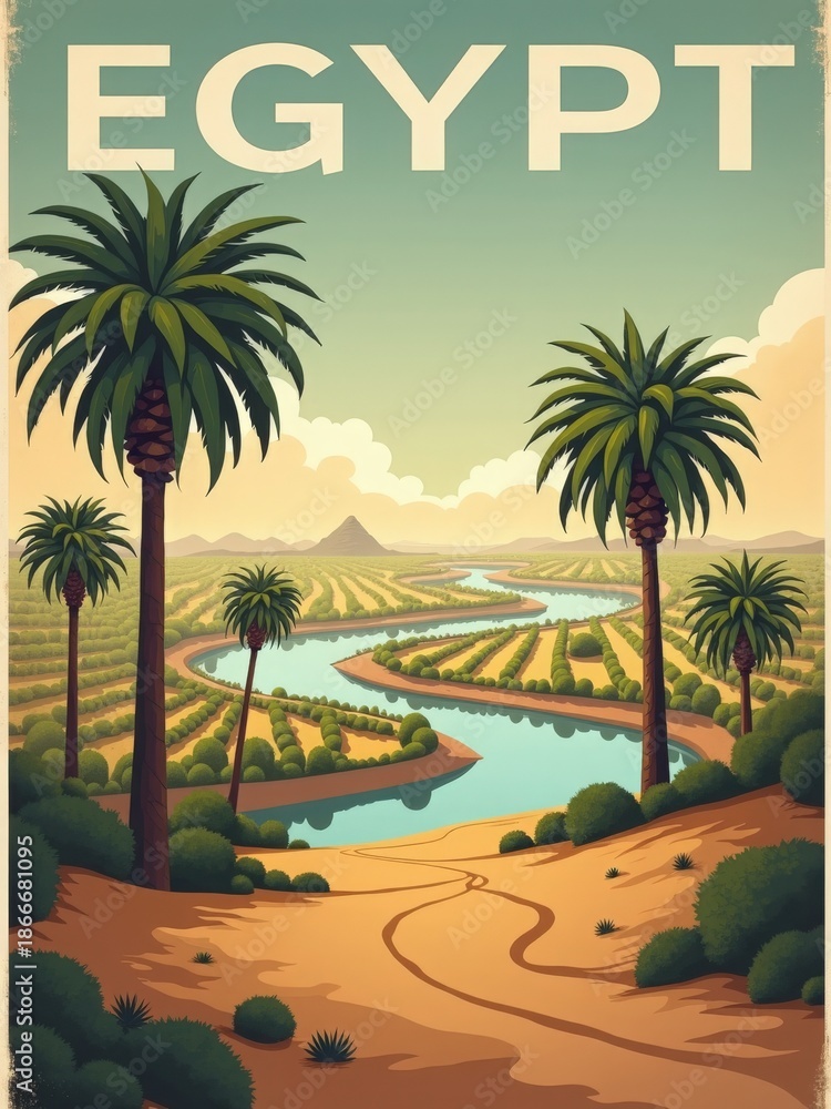 A wide view of Egypt with palm trees standing tall. A river flows through green fields under a blue sky with clouds. The sun sets in the background, creating shadows on the land.