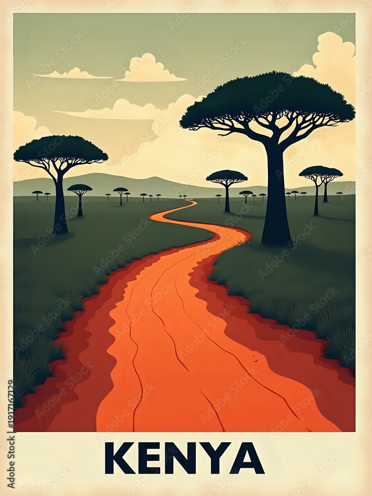 A winding path cuts through the grasslands of Kenya. Tall trees stand on both sides, with hills rising in the distance. The scene captures a typical day in the African landscape.