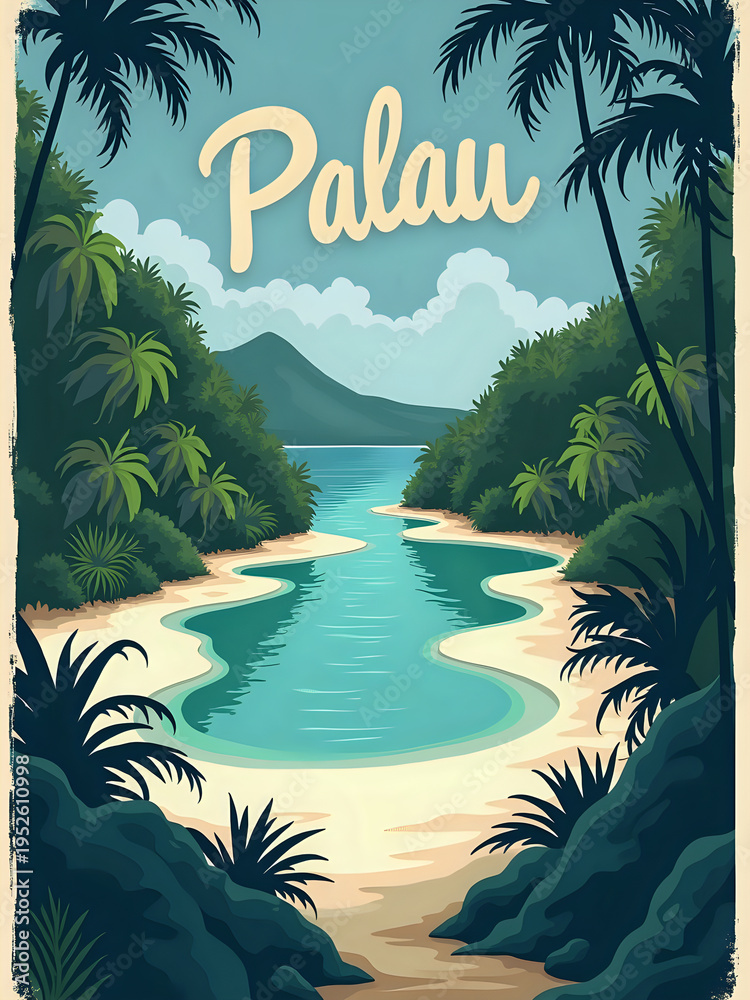 A winding river surrounded by green plants and trees. It leads to a beach and a blue ocean. Mountains are visible in the background under a cloudy sky.