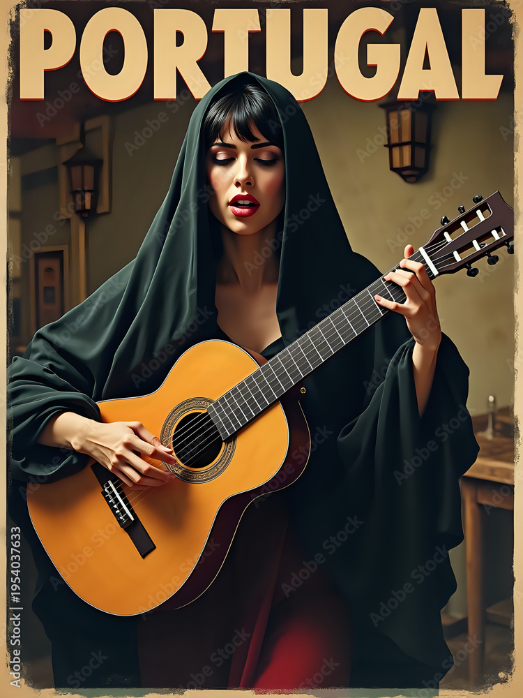 A woman sits and plays guitar while wearing dark clothing. She is in a cozy indoor setting with warm lighting. The mood reflects the culture of Portugal and its musical traditions.