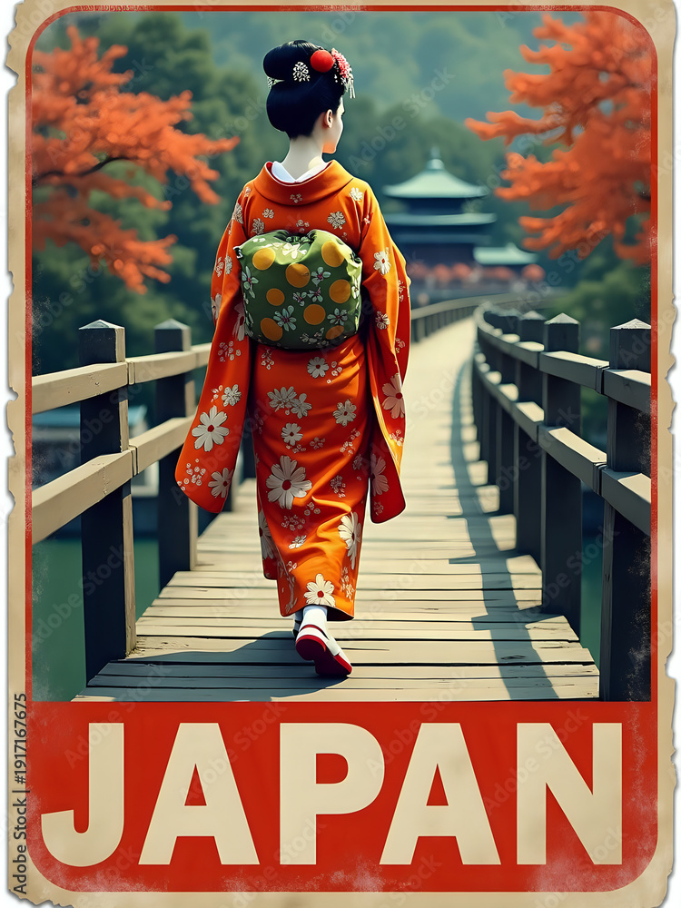 A woman walks along a wooden path wearing a colorful kimono. She is surrounded by trees with red leaves. A traditional structure can be seen in the distance. It looks like autumn in Japan.