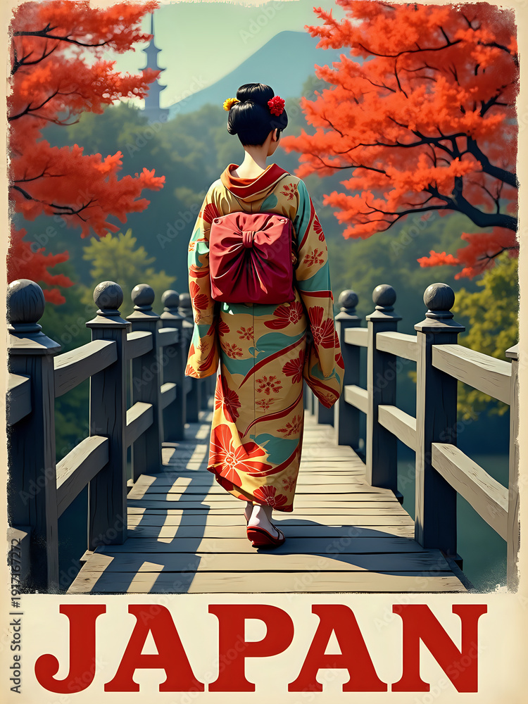A woman walks on a wooden bridge in Japan wearing traditional clothing. Bright red trees surround the area, showing autumn colors. The scene captures a moment of cultural significance.