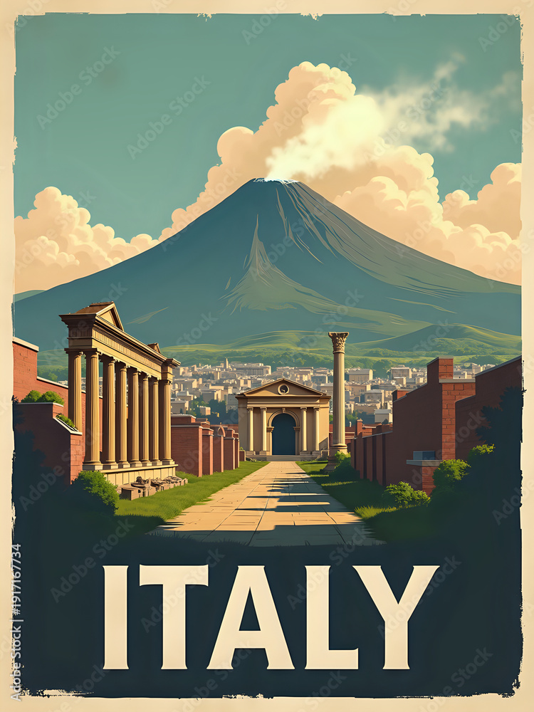 Ancient buildings along a straight path leading to a large volcano. The sky has clouds above the volcano, and city buildings are in the distance. The word Italy is at the bottom.