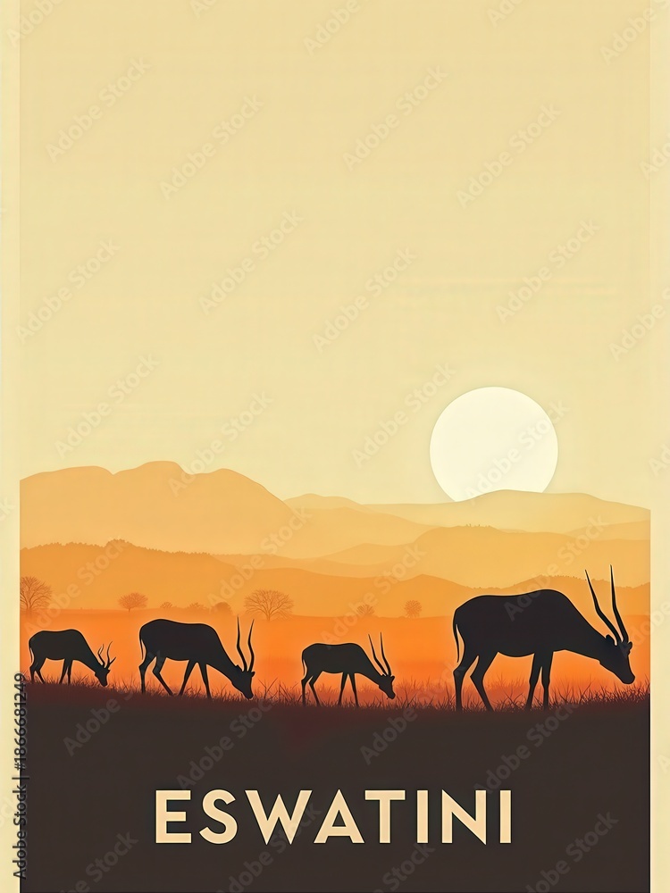 Antelopes move across a grassy area in Eswatini during sunset. The sky is orange and the sun is low on the horizon. Hills are visible in the background.