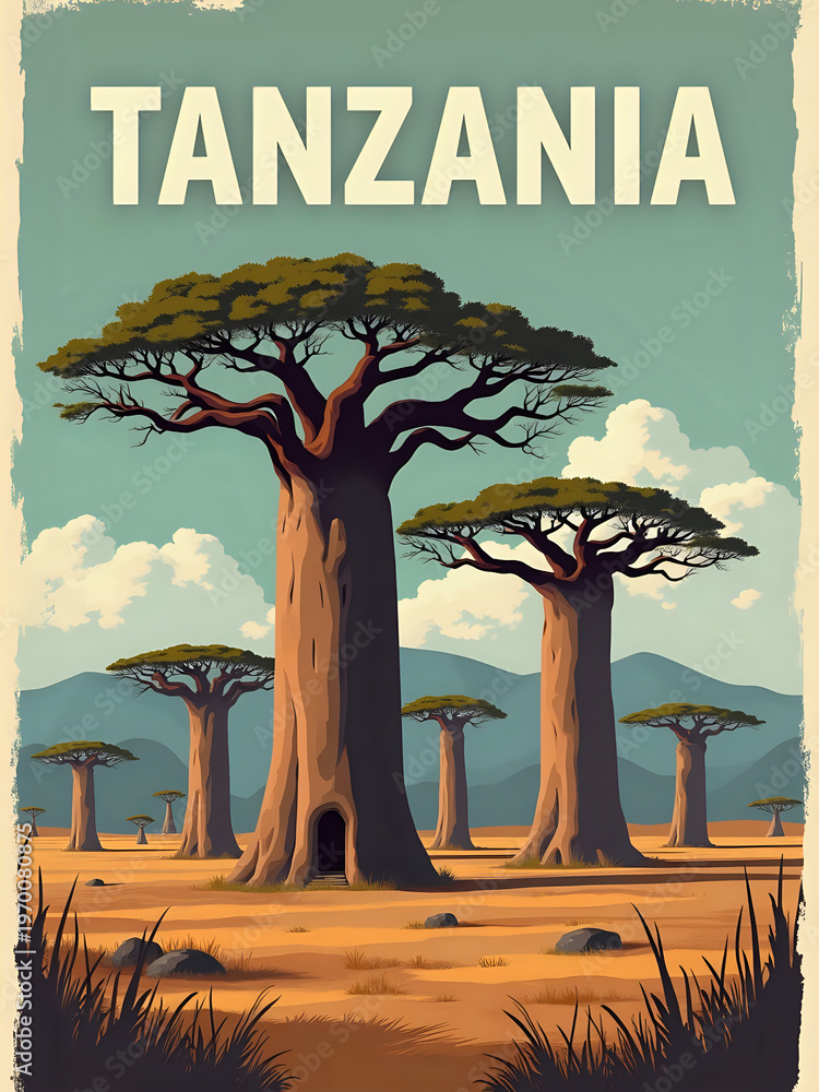 Baobab trees stand tall in a grassy landscape in Tanzania. The mountains are in the background, and clouds are present in the sky. This location shows the natural beauty of the area.