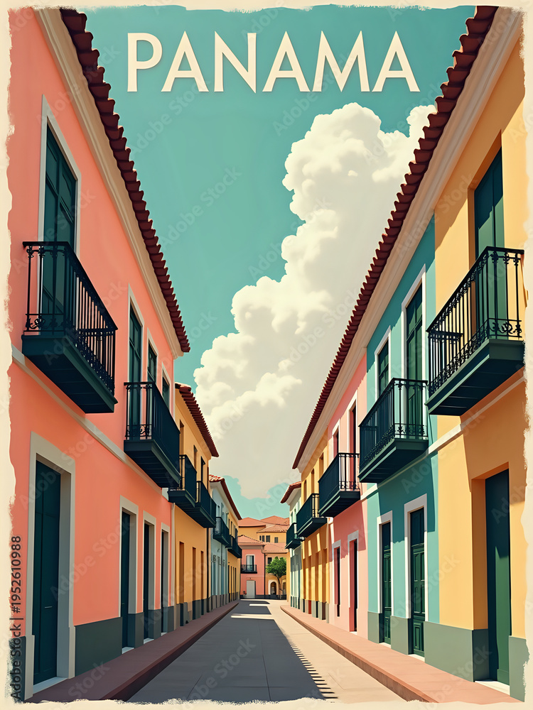Bright buildings line the narrow street in Panama. Each building has a unique color and balconies. The sky is blue with large clouds above, creating a lively atmosphere.