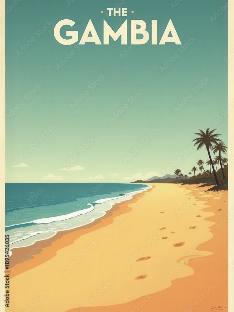 Bright scene shows a sandy beach in The Gambia. Footprints lead along the shore where gentle waves meet the sand. Palm trees line the coastline under a clear sky.