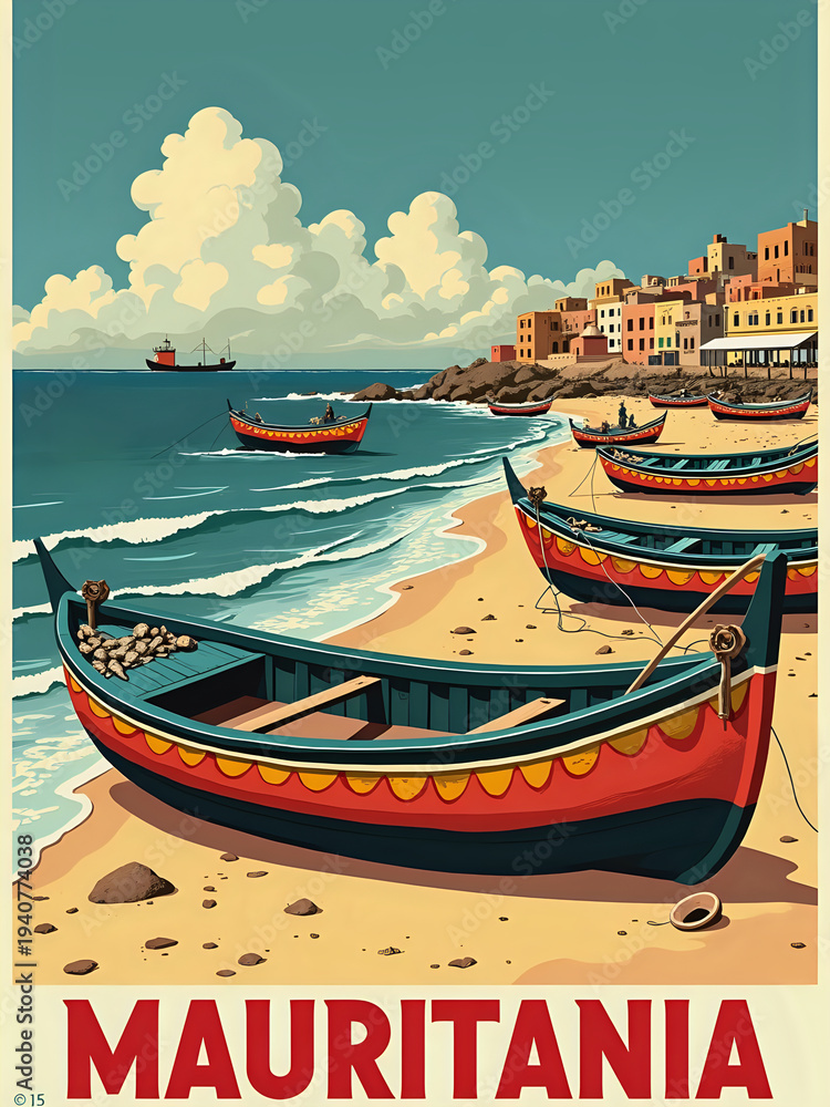 Brightly painted boats are lined up on the sandy beach of Mauritania. They rest near calm water as buildings can be seen on the shore. Clouds are in the blue sky above.