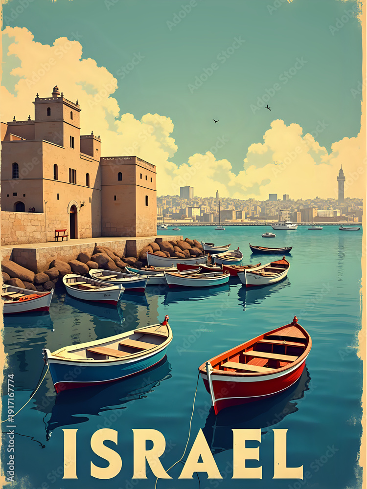 Colorful boats are anchored in the water close to a historic structure. The city skyline is visible in the background. Clouds fill the sky above the scene during daylight.