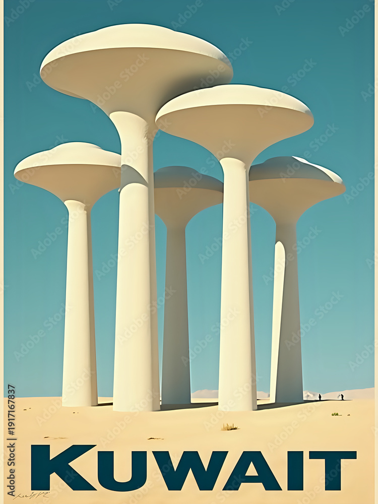 Five tall white structures are placed in a sandy area under a blue sky. Two small figures are near the base of the structures. The scene shows a sunny day in Kuwait.