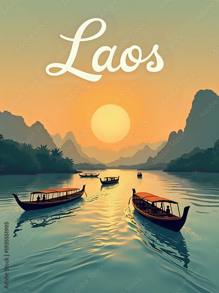 Four boats float on a river under a setting sun in Laos. Mountains surround the water. The sky changes colors as the sun lowers. People are seen in the boats.