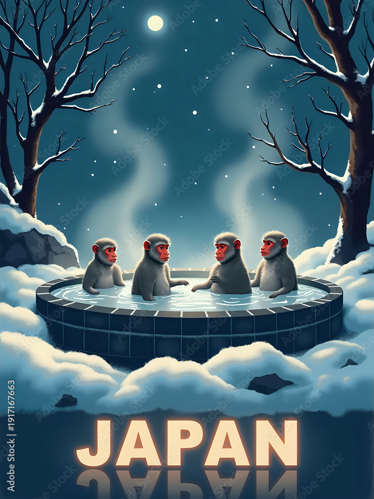 Four monkeys sit in warm water surrounded by snow. Trees with no leaves stand in the background. The moon shines bright above them. The word Japan is displayed below in large letters.